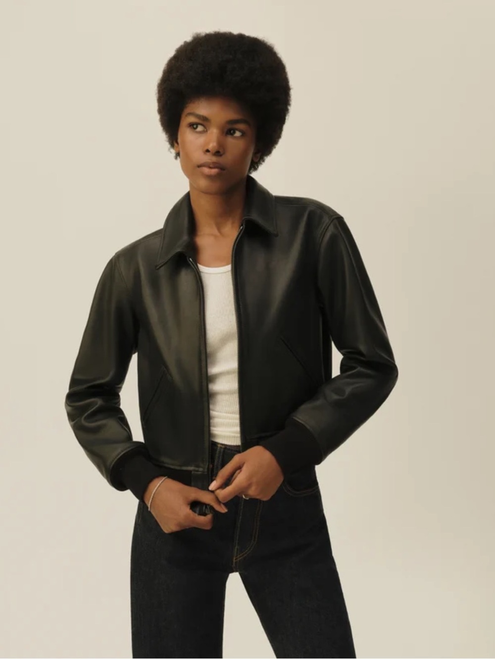 Buck Mason black heritage leather bomber jacket size SM new full zip collared